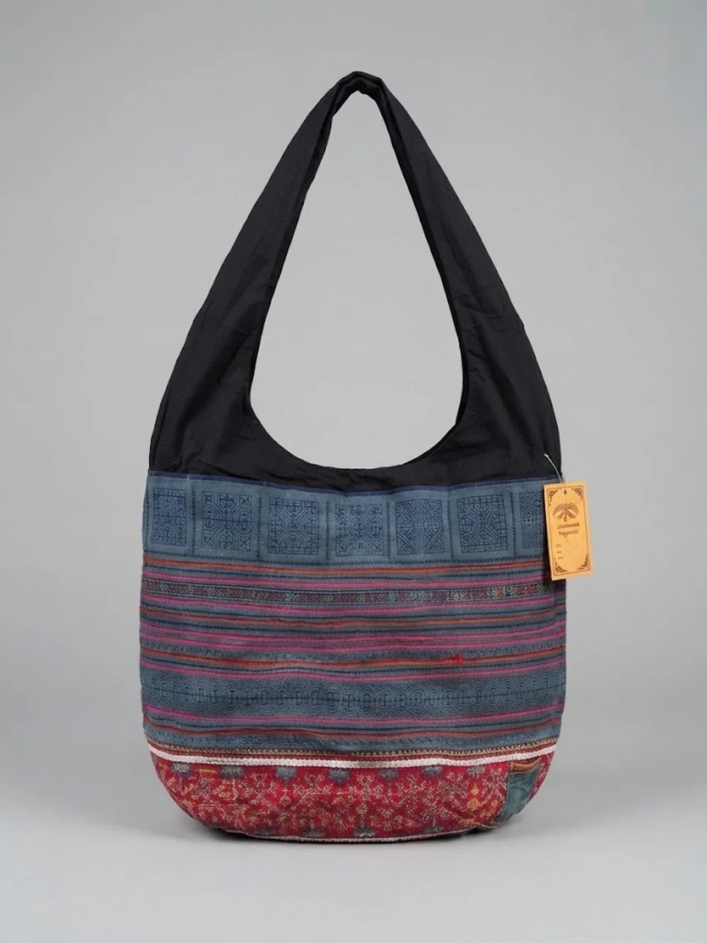 Bohemian Striped cross stitched Cotton Hobo Bag in Blue and Red
